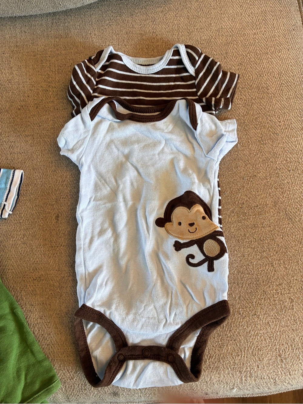 Carter's set of 2 onsies Light Blue and Brown Monkey and brown and blue striped